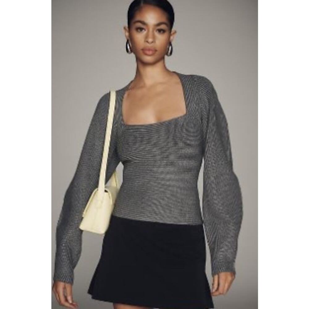 Maeve Anthropologie Gray Square Neck Wide Sleeve‎ Ribbed Sweater L NWT